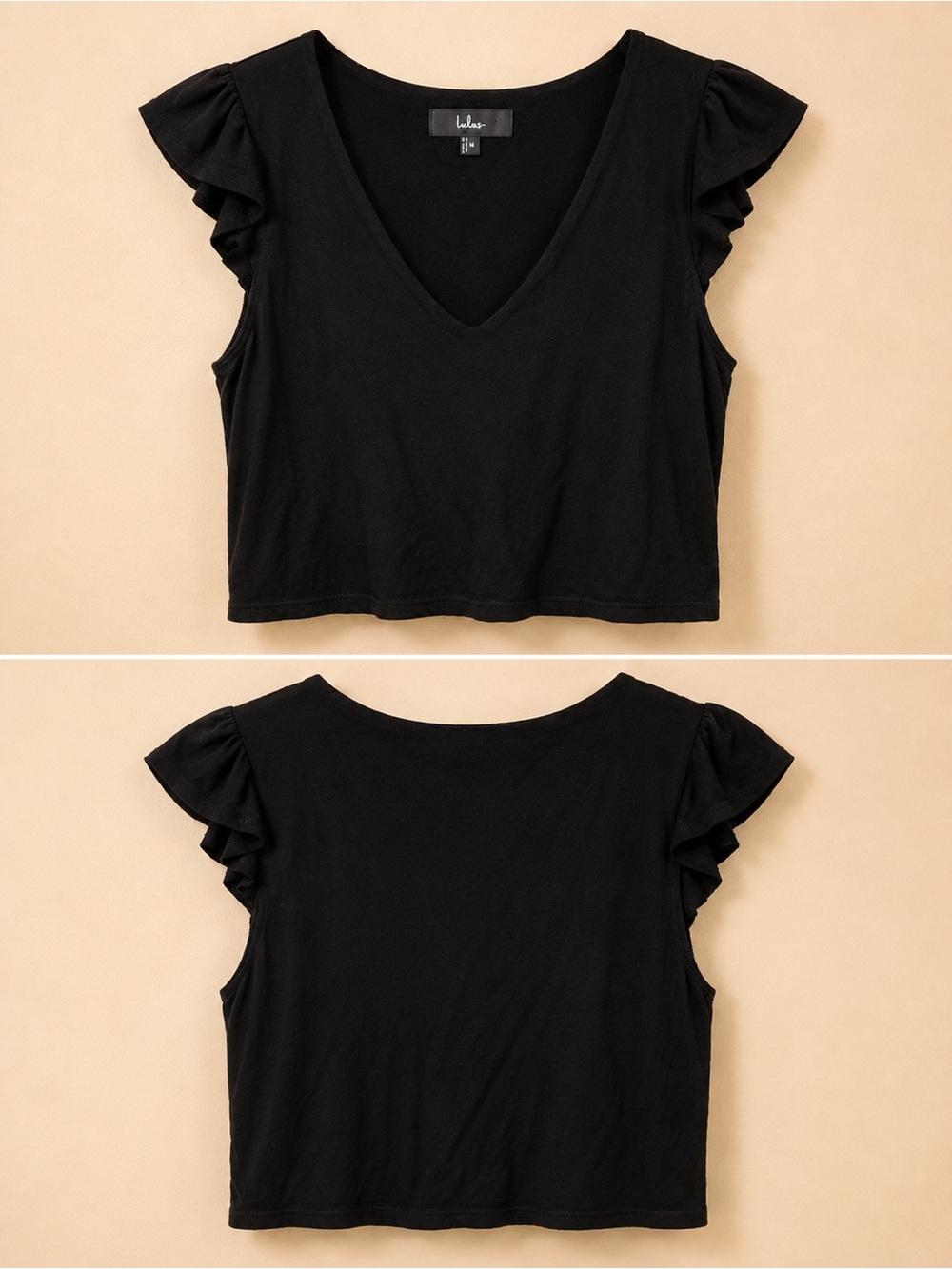 Lulu's Black V-Neck Ruffle Sleeve Crop Top